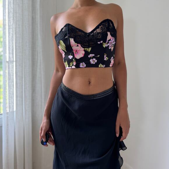 Vintage 90s Italian Black Floral Bustier Crop Top with Lace Trim (S, C cup) - Picture 2 of 12